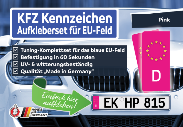 2 Nummernschild Aufkleber, EU Feld Pink, inkl. Starter-Set