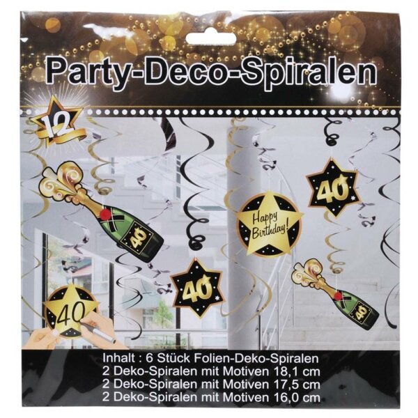 Party-Deko-Spiralen "40", schwarz/gold, 12-teilig.