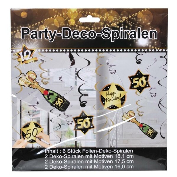 Party-Deko-Spiralen "50", schwarz/gold, 12-teilig.