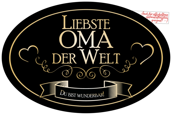 „Liebste Oma der Welt“ Aufkleber Sektflasche Weinflasche selbstklebend oval